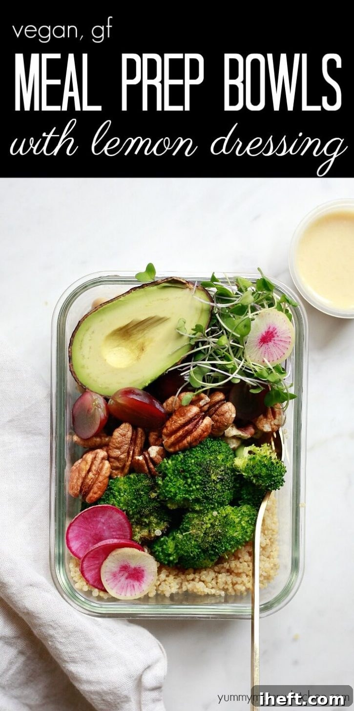 A beautifully arranged glass meal prep container showcasing a delicious and healthy vegan, vegetarian, and gluten-free meal. It's filled with fluffy quinoa, hearty chickpeas, perfectly roasted broccoli, crunchy pecans, sweet grapes, delicate microgreens, and a generous half of a fresh avocado. A small, separate container of homemade lemon dressing sits conveniently on the side, ready to be drizzled just before eating.
