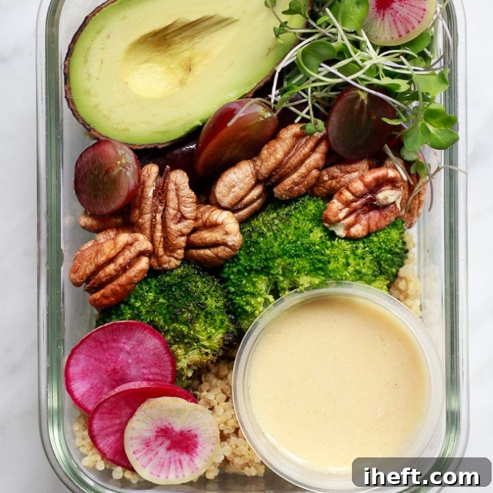 Delicious Vegan Meal Prep Bowls with Broccoli, Grapes, American Pecans and Quinoa
