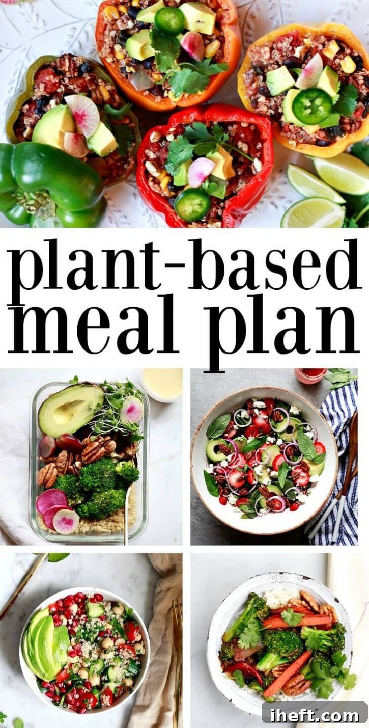 A collage featuring five colorful vegan dinner recipes with pecans: stuffed peppers, meal prep bowls, strawberry salad, tabbouleh, and stir-fry.