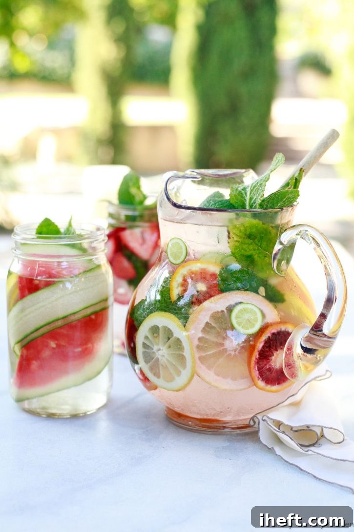 Three detox water recipes in glass pitchers sit on an outdoor table. A glass pitcher with citrus infused detox water, a jar with cucumber and watermelon, and another jar with strawberries and mint. 