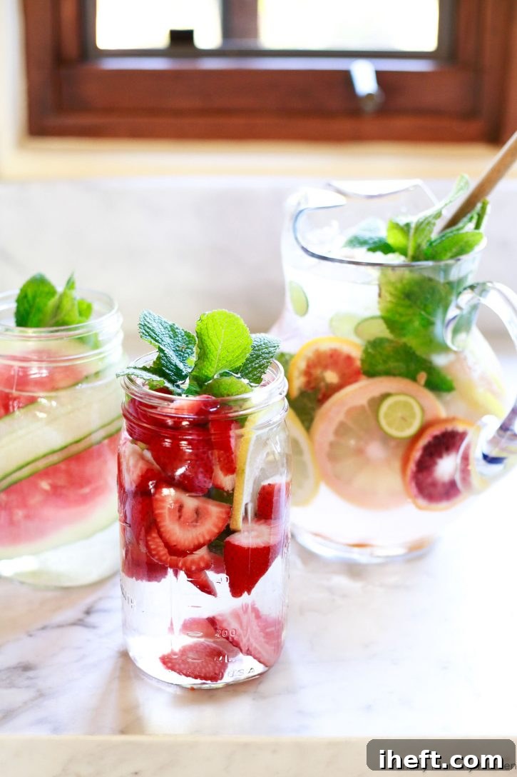 Beautiful fruit infused detox lemon water on a white marble kitchen counter. 