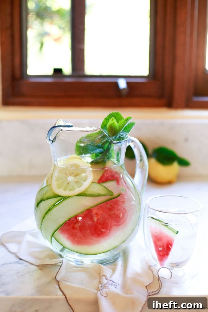 A glass pitcher with cucumber, watermelon, and lemon detox water on a white kitchen countertop. 
