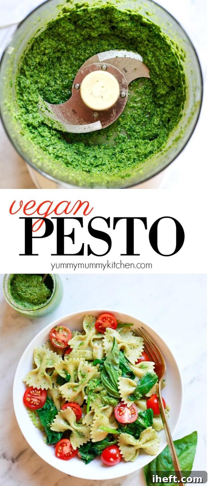  A food processor is filled with bright green fresh basil pesto and a white bowl is filled with pesto pasta with spinach and cherry tomatoes. How to make the best easy vegan pesto with fresh basil. This vegan pesto recipe is perfect for vegan pesto pasta, pizza, and more.