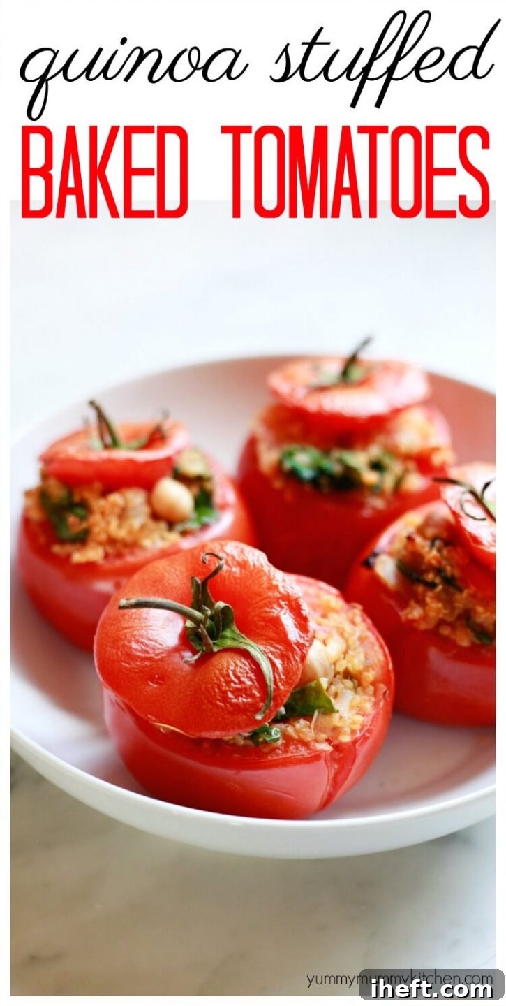 Healthy vegetarian stuffed baked tomatoes with spinach and chickpeas is a delicious vegetarian, vegan, gluten-free dinner idea. 