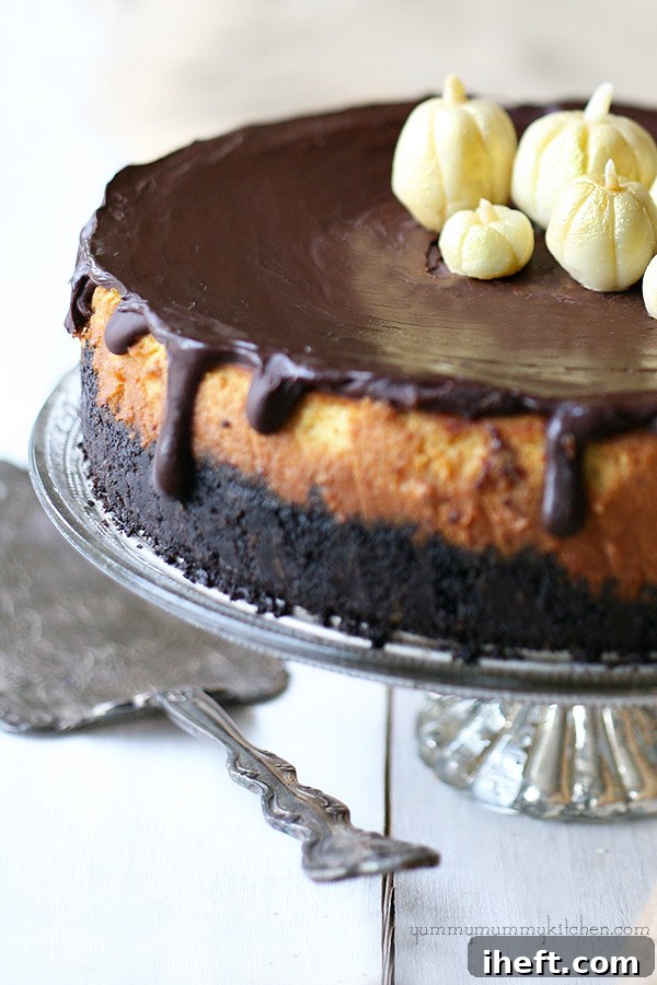 Decadent Pumpkin Cheesecake with an Oreo Crust, ready for holiday serving