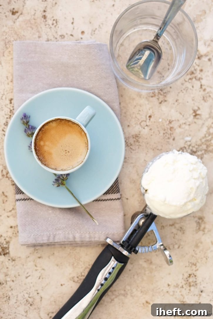 A meticulously arranged shot of espresso in a cup, a perfectly shaped scoop of vanilla ice cream resting in a metal scooper, and an empty glass with a spoon are all set on a tabletop, illustrating the ingredients and tools needed to prepare a delicious affogato.
