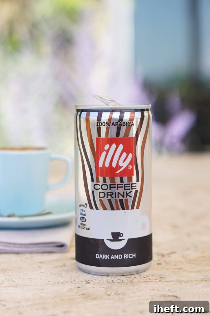A vibrant red can of Illy brand ground coffee, a premium Italian coffee, is prominently displayed, suggesting quality ingredients for coffee-based recipes like affogato.