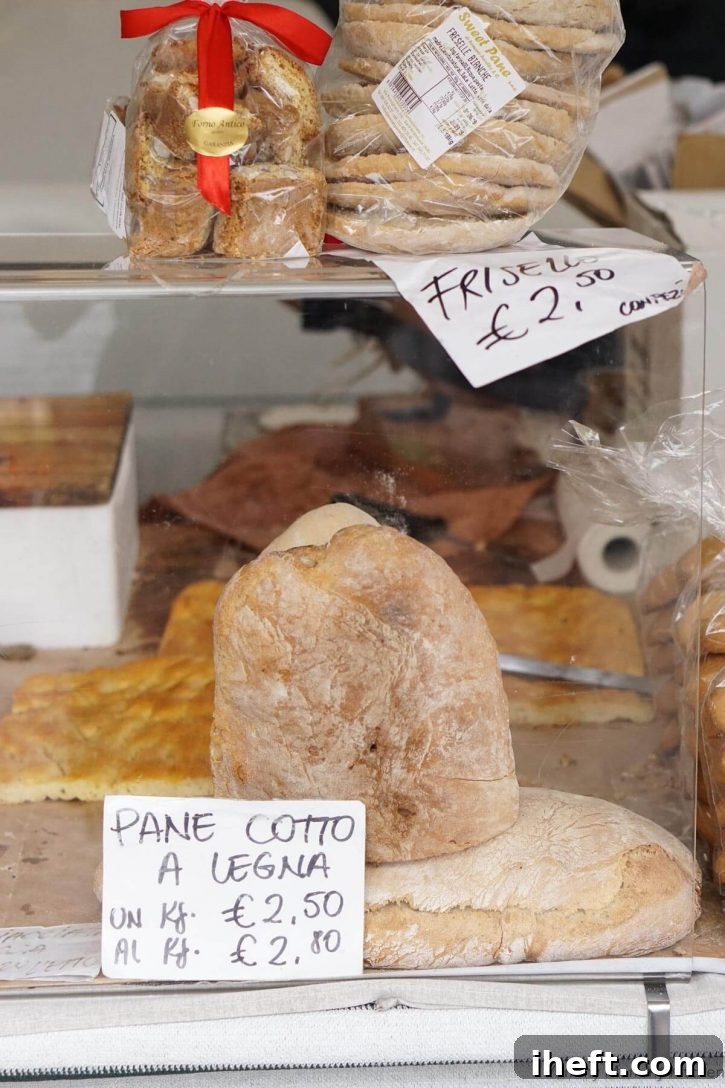 Bread and biscotti sold at a farmer's market in Tuscany Italy. 