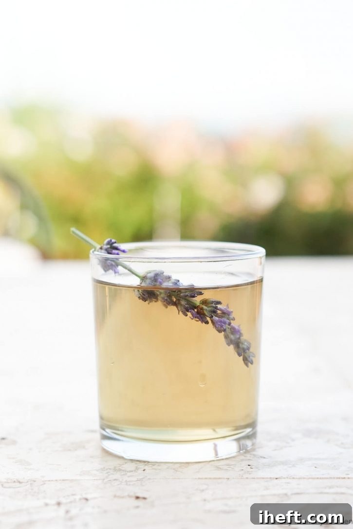 A glass filled with homemade lavender simple syrup and a fresh lavender flower. 