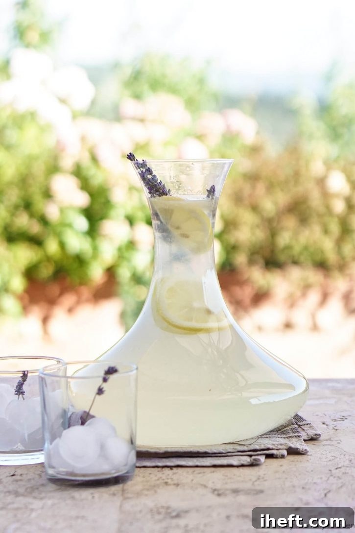 A jug filled with fresh lavender lemonade and two cups of ice. 