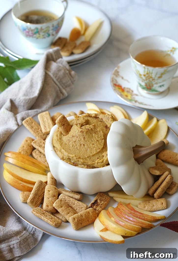 Pumpkin pie dessert hummus is a delicious healthier snack for kids or adults. 
