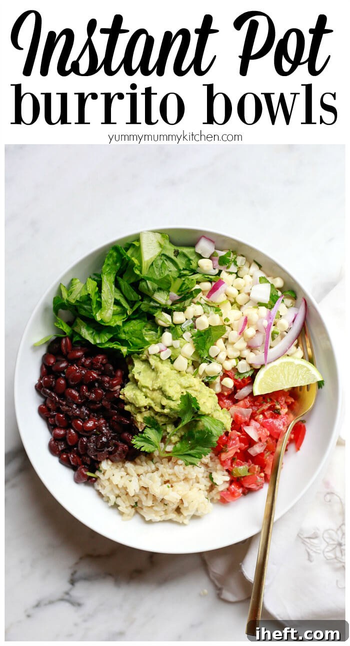 Instant Pot burrito bowl made with black beans, brown rice, corn salsa, romaine, and guacamole. This Chipotle burrito bowl recipe make a delicious health vegetarian, vegan, gluten free dinner or meal prep option.