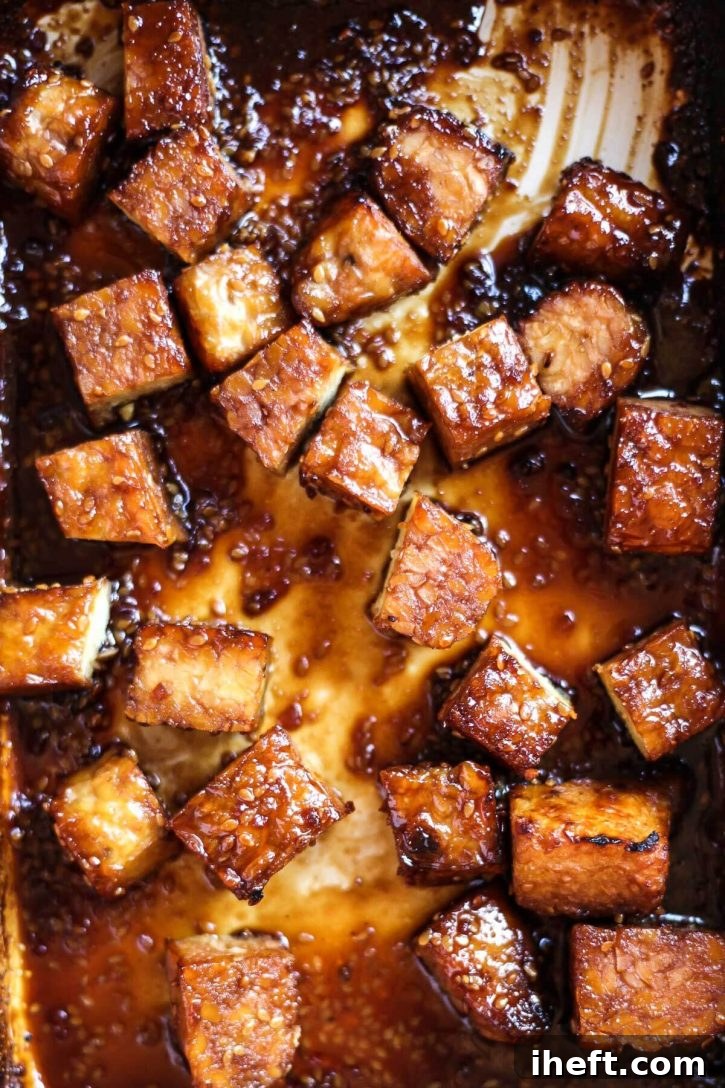 A pan of crispy teriyaki tempeh.