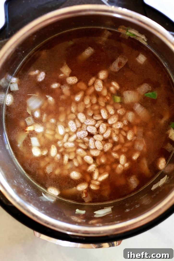 Soaked pinto beans, vegetable broth, onions, and jalapeno in an Instant Pot pressure cooker ready to cook a pot of Mexican pinto beans. 