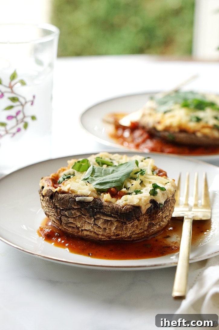 Vegan stuffed portobello mushroom baked with a lasagna filling.