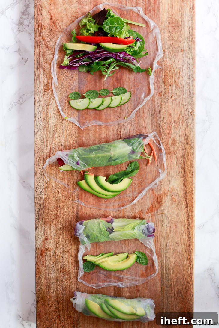 This helpful image shows the progression of how fresh vegan spring rolls are made.