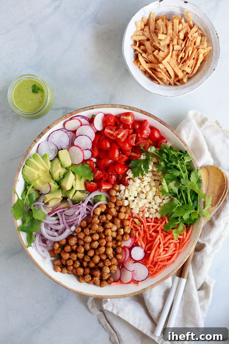 A colorful Southwest salad generously topped with creamy Southwestern Avocado Dressing.