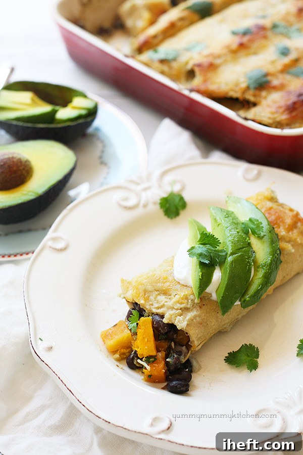 Butternut Squash and Black Bean Enchiladas with sour cream and avocado