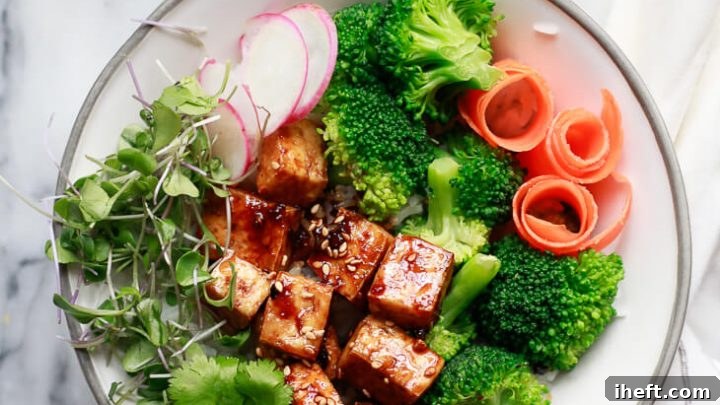 Crispy baked tofu glazed with a sesame ginger sauce