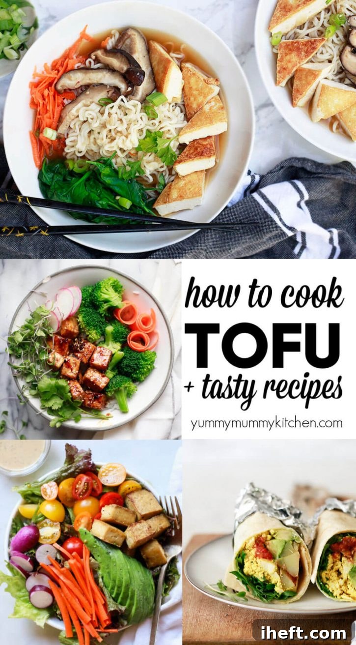 A collage of delicious tofu recipes, including a steaming bowl of vegan ramen with crispy tofu triangles, a wholesome baked tofu teriyaki bowl, a fresh tofu salad, and hearty tofu vegan breakfast burritos. Learn how to cook tofu for these amazing dishes.