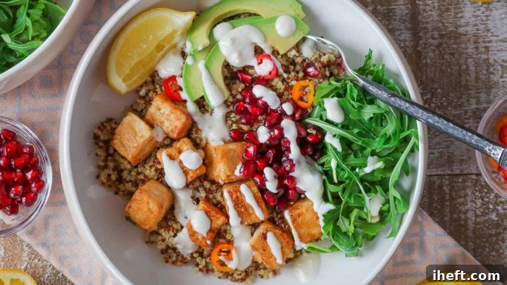 Wholesome crispy tofu bowls with a tangy garlicky lemon yogurt sauce