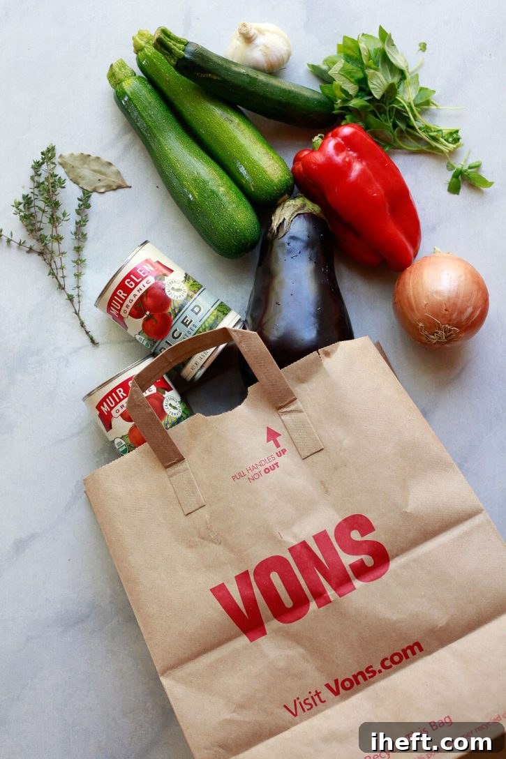 Fresh ingredients for ratatouille spilling out of a grocery bag, showcasing the bounty of organic produce.