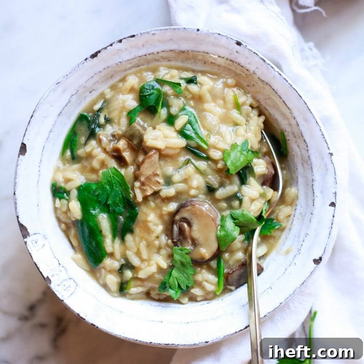 A white bowl filled with mushroom risotto.