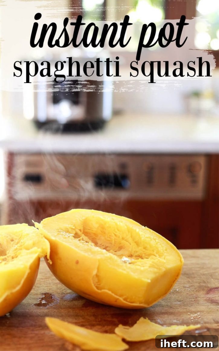Steaming spaghetti squash halves in front of an Instant Pot pressure cooker. Learn how to cook a whole spaghetti squash in the Instant Pot with this easy recipe! Instant Pot spaghetti squash is quick and easy, comes out perfect, and can be made along with Instant Pot spaghetti sauce using the pot-in-pot method. 