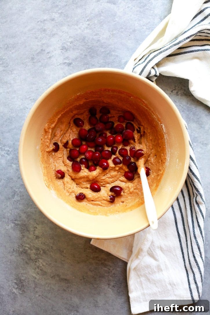 Fresh cranberries are folded into pumpkin bread batter in a bowl. 