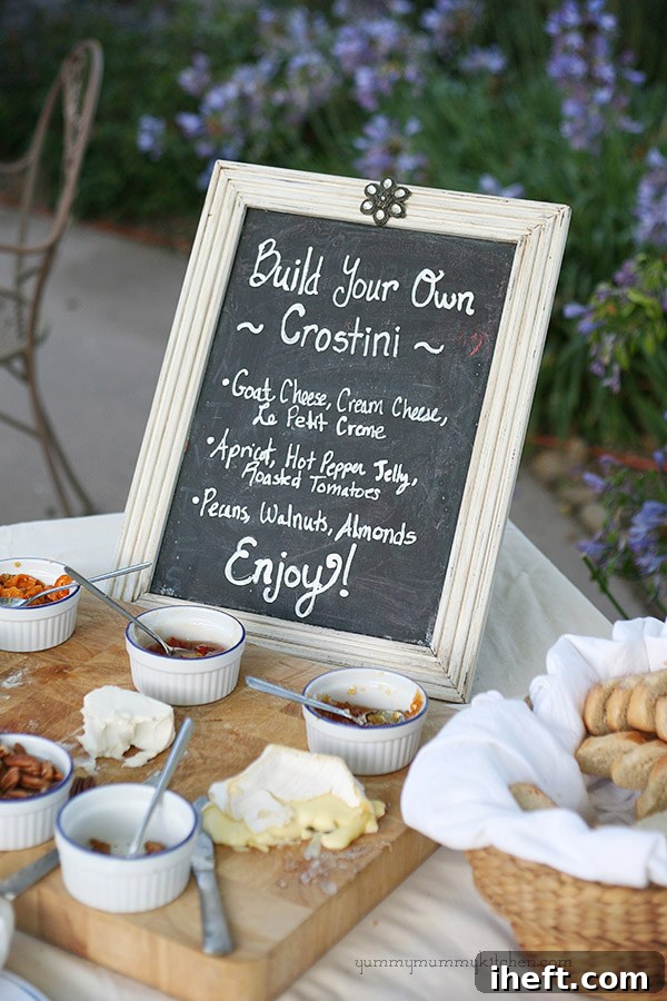Close-up of a DIY crostini bar with various toppings
