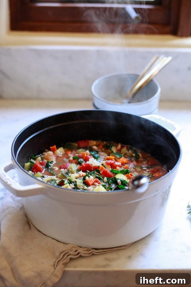 This wholesome vegan Italian vegetable soup is effortlessly prepared on either the stovetop or in an Instant Pot pressure cooker, showcasing a hearty veggie farro soup bubbling in a classic Staub pot.
