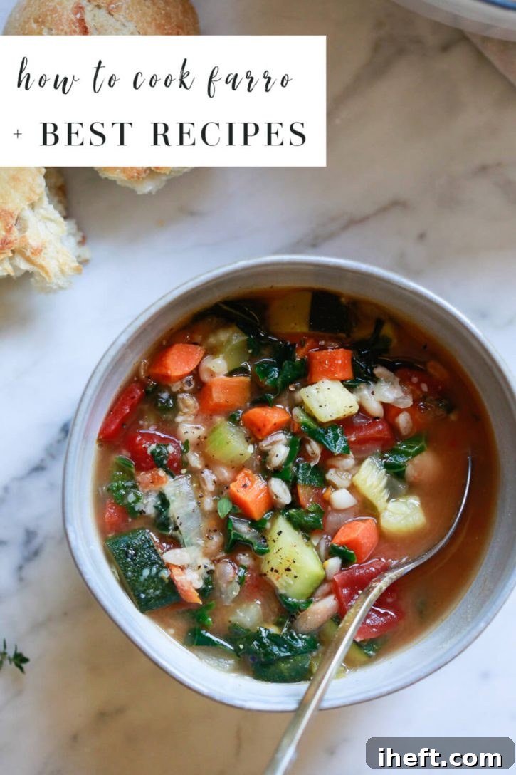 A vibrant bowl of farro soup, perfectly garnished and ready to be enjoyed. The image is overlaid with text prompting 'how to cook farro' and 'best farro recipes', enticing readers to explore this ancient grain.