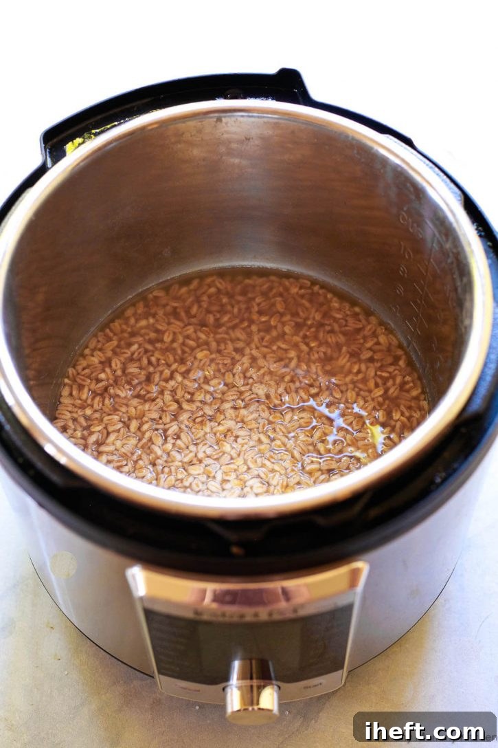 Farro being cooked efficiently in an Instant Pot pressure cooker, highlighting a modern and quick cooking method.