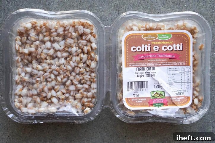 Cooked farro in plastic packaging with an Italian label from a grocery store in Tuscany, Italy, showcasing local availability.