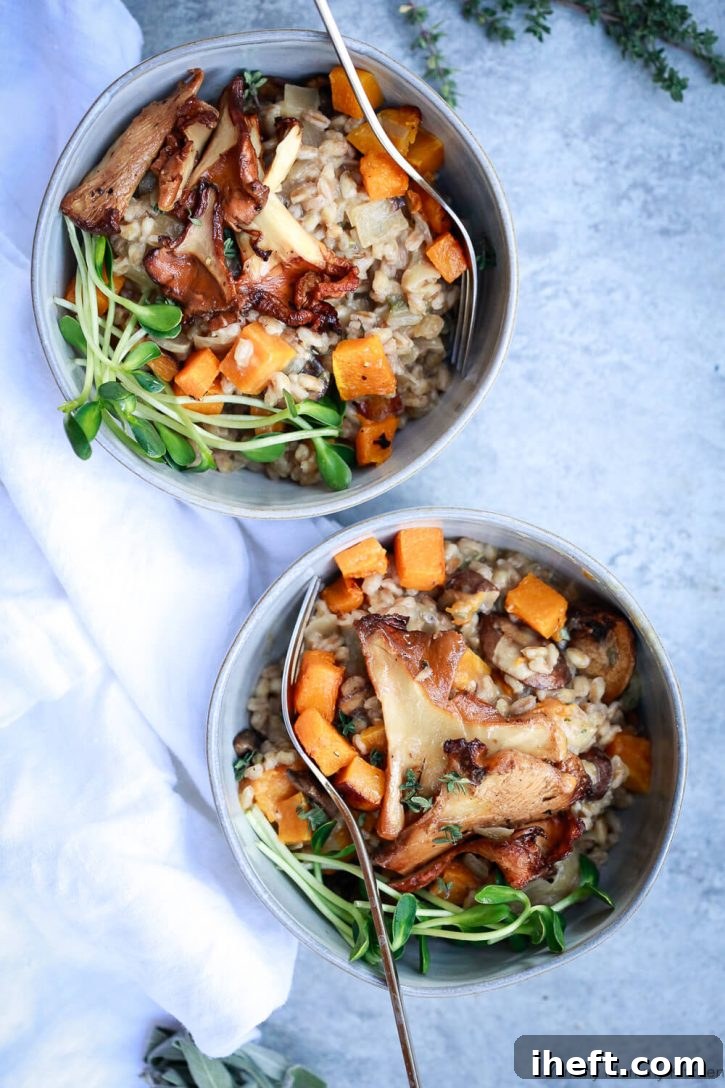 Two bowls of creamy mushroom farro risotto, or farrotto, topped with wild mushrooms and roasted butternut squash. 