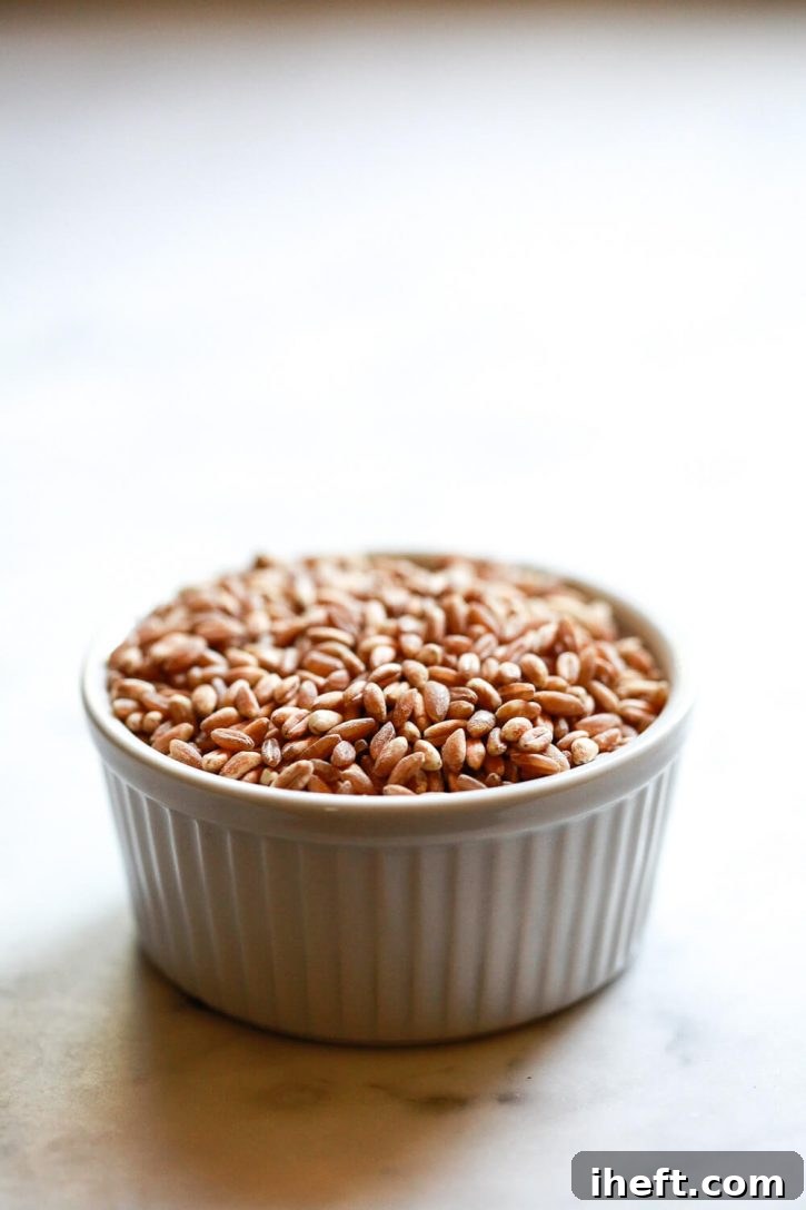 A cup of pearled farro on a white marble countertop. 