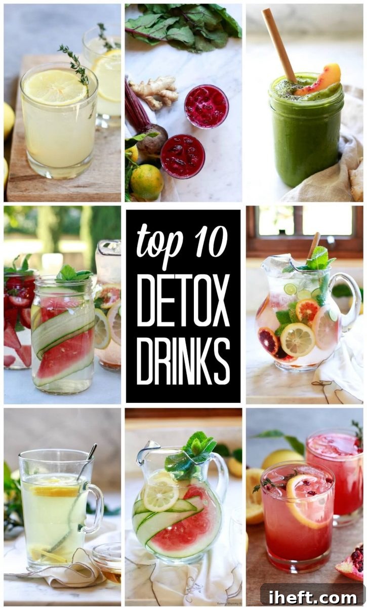 A vibrant collage of beautiful, colorful, and healthy homemade detox drinks, including refreshing infused waters, creamy smoothies, and nutrient-dense juices. These appealing detox drink recipes are perfect for weight loss support, promoting natural body cleansing, and boosting overall wellness and vitality.