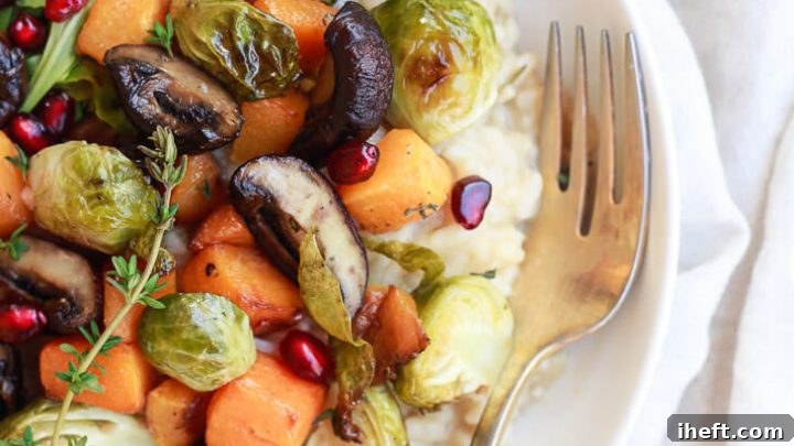 A simple risotto made in the Instant Pot pressure cooker and topped with roasted mushrooms, butternut squash, and Brussels sprouts.