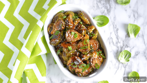 The Brussels sprouts are roasted in the oven until crispy and served with a 5 ingredient Teriyaki sauce.