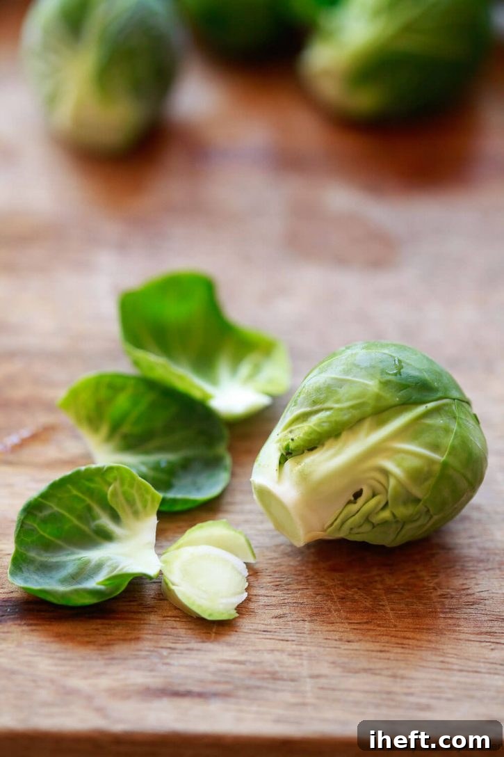 A close-up photo illustrating a Brussels sprout being cut precisely in half, demonstrating the proper technique.