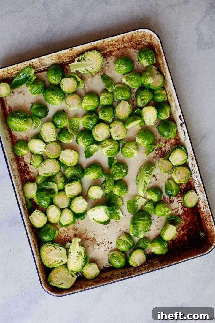 Raw Brussels sprouts spread evenly on a metal sheet pan, prepared for oven roasting, illustrating the setup for achieving crispy results.