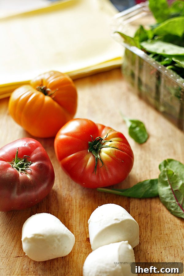 Close-up shot of vibrant heirloom tomatoes and fresh mozzarella slices, key ingredients for a delicious lasagna.
