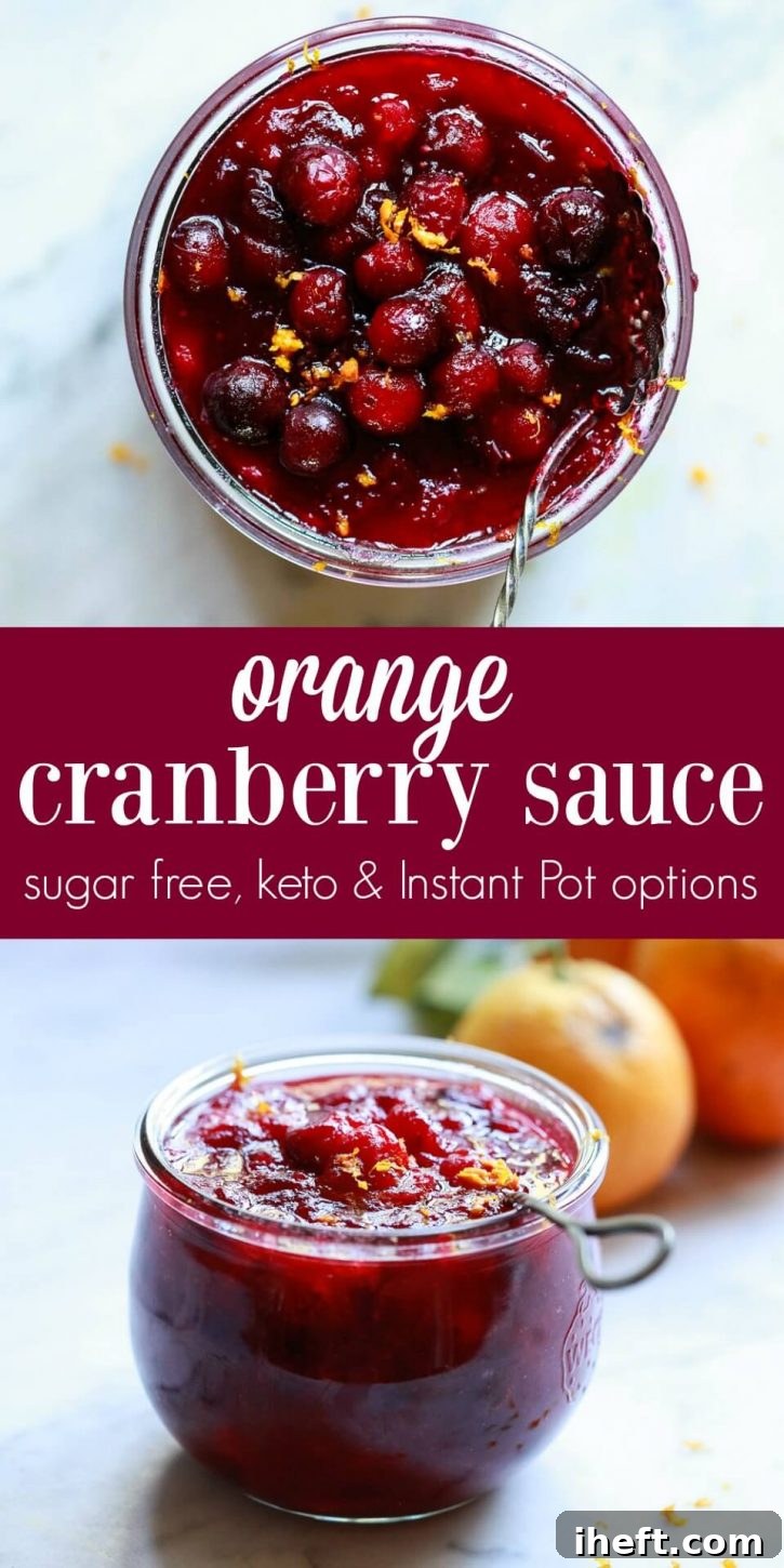 A beautifully set table featuring a bowl of homemade cranberry orange sauce with whole fresh cranberries, garnished with orange slices and rosemary. Perfect for a Thanksgiving or Christmas dinner. Sugar-free and keto options are available for this easy Instant Pot recipe.