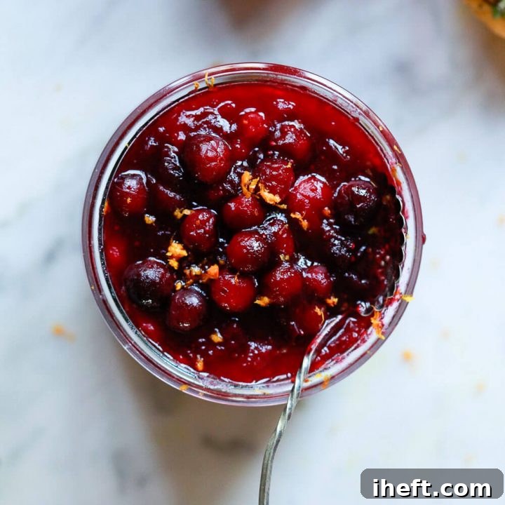 A charming close-up of a small bowl filled with ruby-red homemade cranberry orange sauce, garnished with fresh cranberries and a slice of orange. The rich texture with visible whole berries makes it an enticing centerpiece for any holiday meal.
