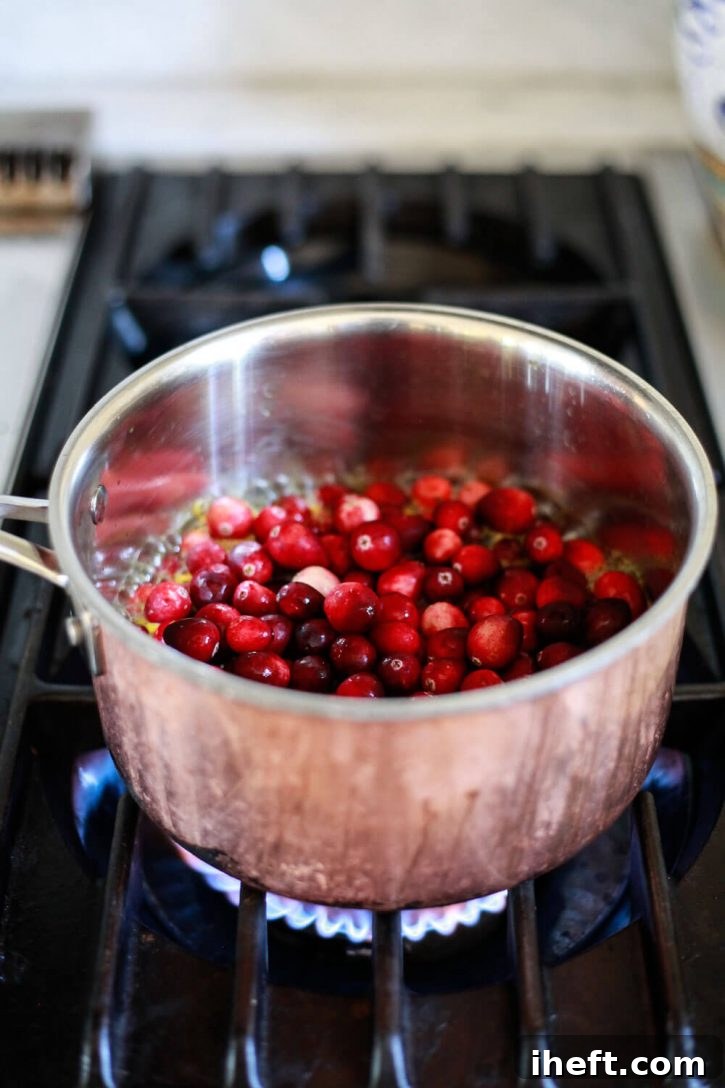 A vibrant image of fresh, plump cranberries being carefully added to a simmering saucepan filled with orange juice and dissolved sugar. This is a key moment in creating a delicious homemade cranberry orange sauce for Thanksgiving.