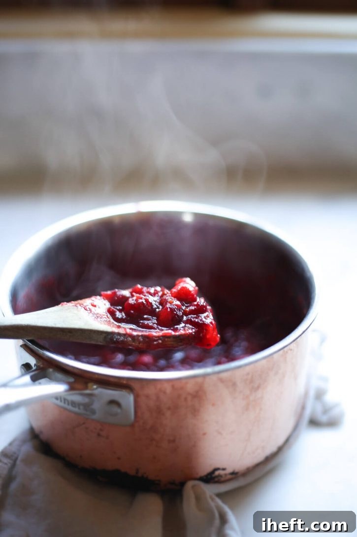 A wooden spoon lifting a spoonful of freshly made homemade cranberry sauce, still steaming, showcasing its rich red color and chunky texture with visible whole cranberries. It's perfectly cooled and ready to serve.