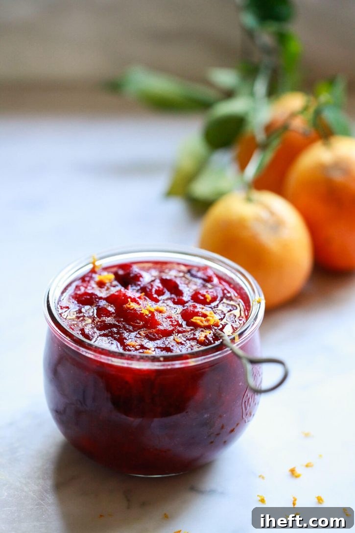 A pristine Weck jar, perfectly filled with a homemade cranberry orange sauce recipe, elegantly garnished with fresh orange zest on top. It stands ready for serving or refrigeration, a testament to its freshness and homemade quality.