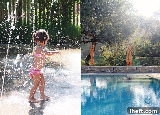 The vibrant kids' pool and serene adult infinity pool at Carmel Valley Ranch, offering aquatic fun for all ages.