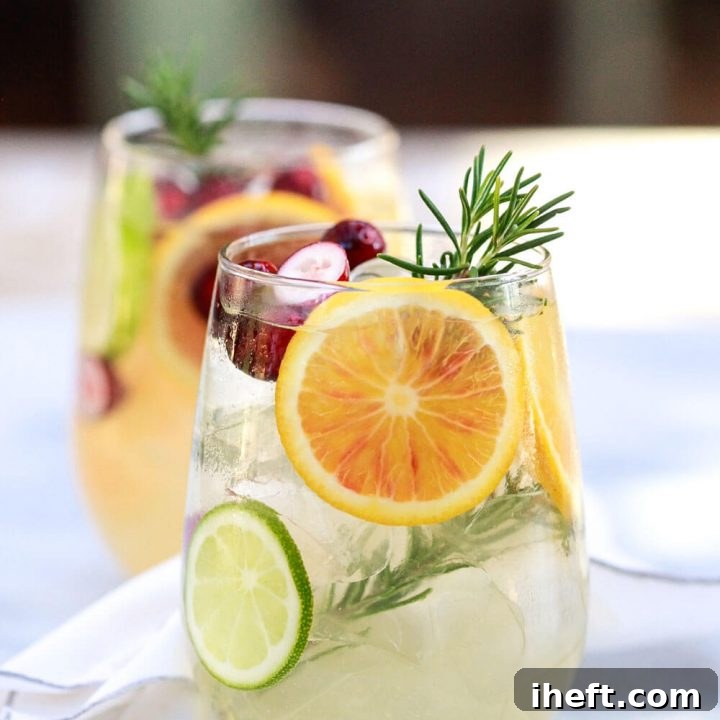 A vibrant pitcher of White Sangria, adorned with fresh citrus slices and cranberries, ready to be served over ice. This festive drink is perfect for any occasion.