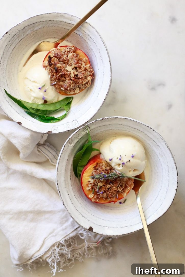 Two variations of healthy fruit crisp: baked peaches and strawberry rhubarb crisp